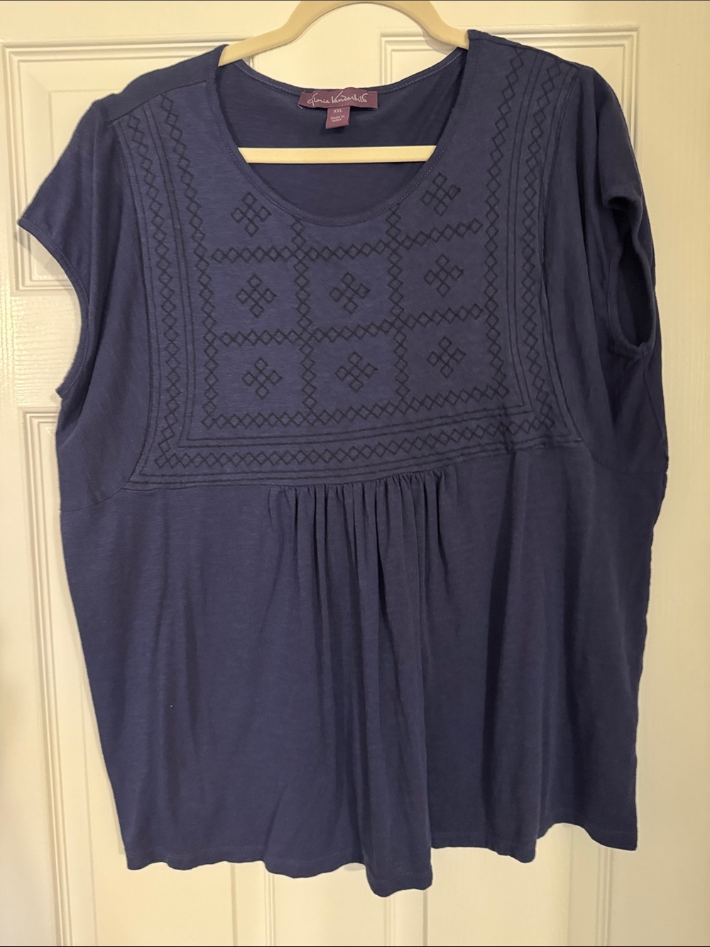Gloria Vanderbilt Slate Blue Embroidered Yoke Cap Sleeve Tunic Top